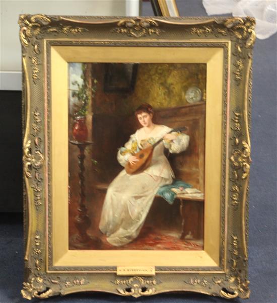 Richard Eiserman (German, 1853-1927) Young woman playing a mandolin 15.5 x 11in.